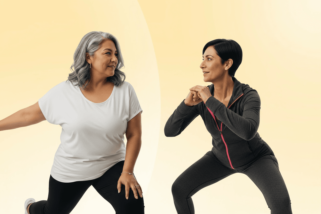 Two women exercising together, one in a white t-shirt, the other in a gray workout outfit, against a light yellow background.