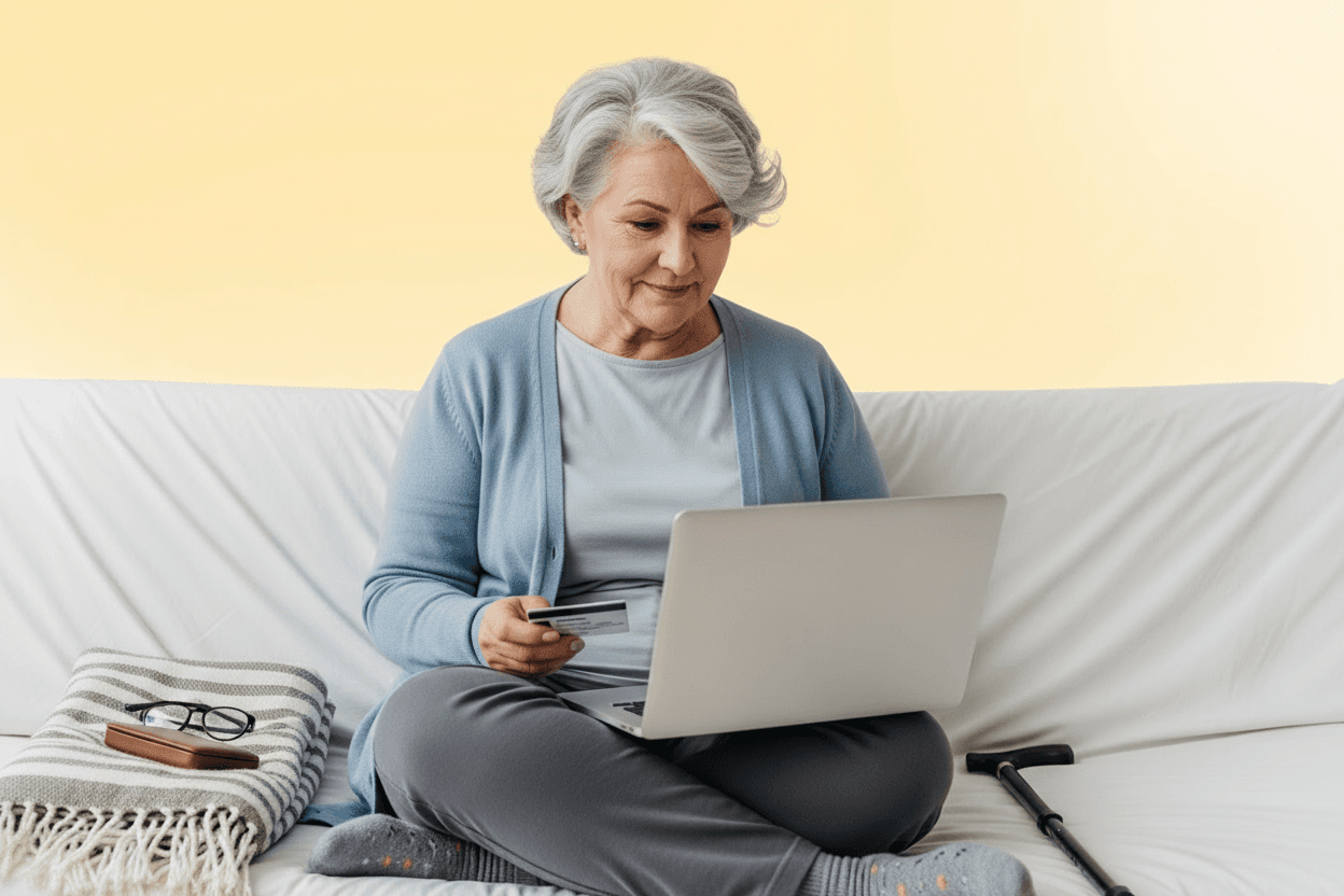 Elderly woman sitting on a couch, holding a credit card, using a laptop. A folded blanket, glasses, and walking stick are nearby.