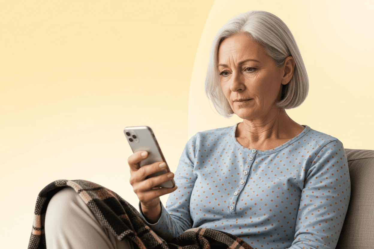 Elderly woman with short gray hair, wearing a polka-dot shirt, looking intently at a smartphone, seated on a couch with a blanket.