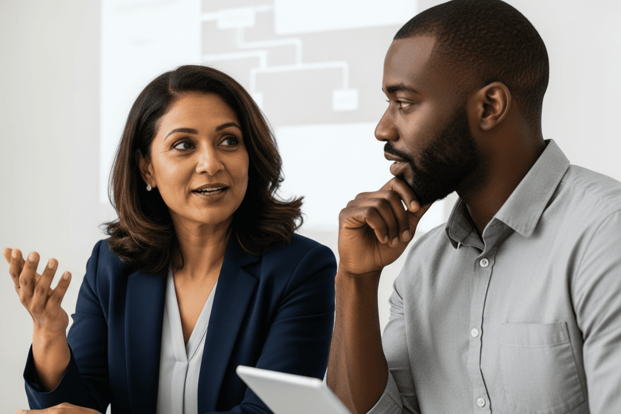 Two professionals engaged in discussion at a meeting, with one gesturing while speaking and the other listening intently, holding a tablet.