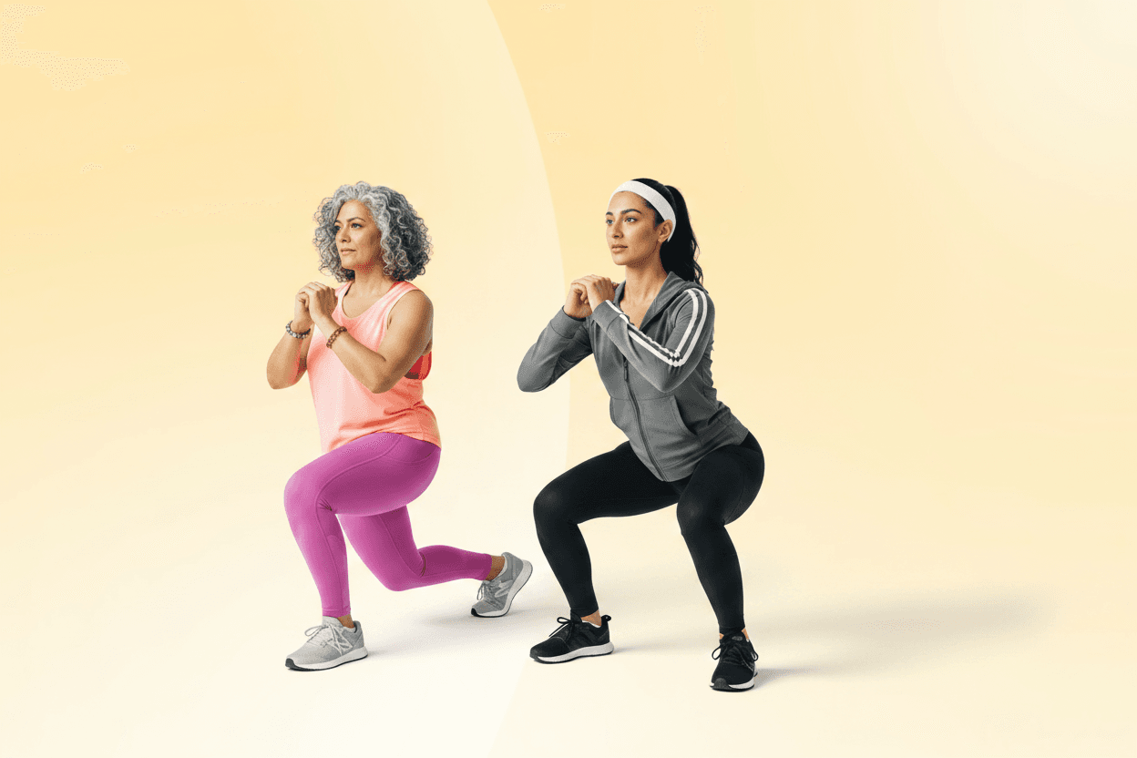 Two women performing lunges side by side, one in a pink top and leggings, the other in a gray tracksuit, against a light background.