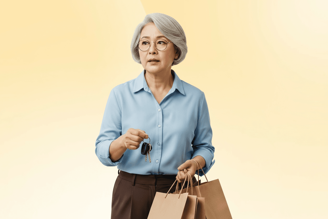 Mature woman with gray hair and glasses, in a light blue blouse, holding shopping bags and car keys while looking to the side.