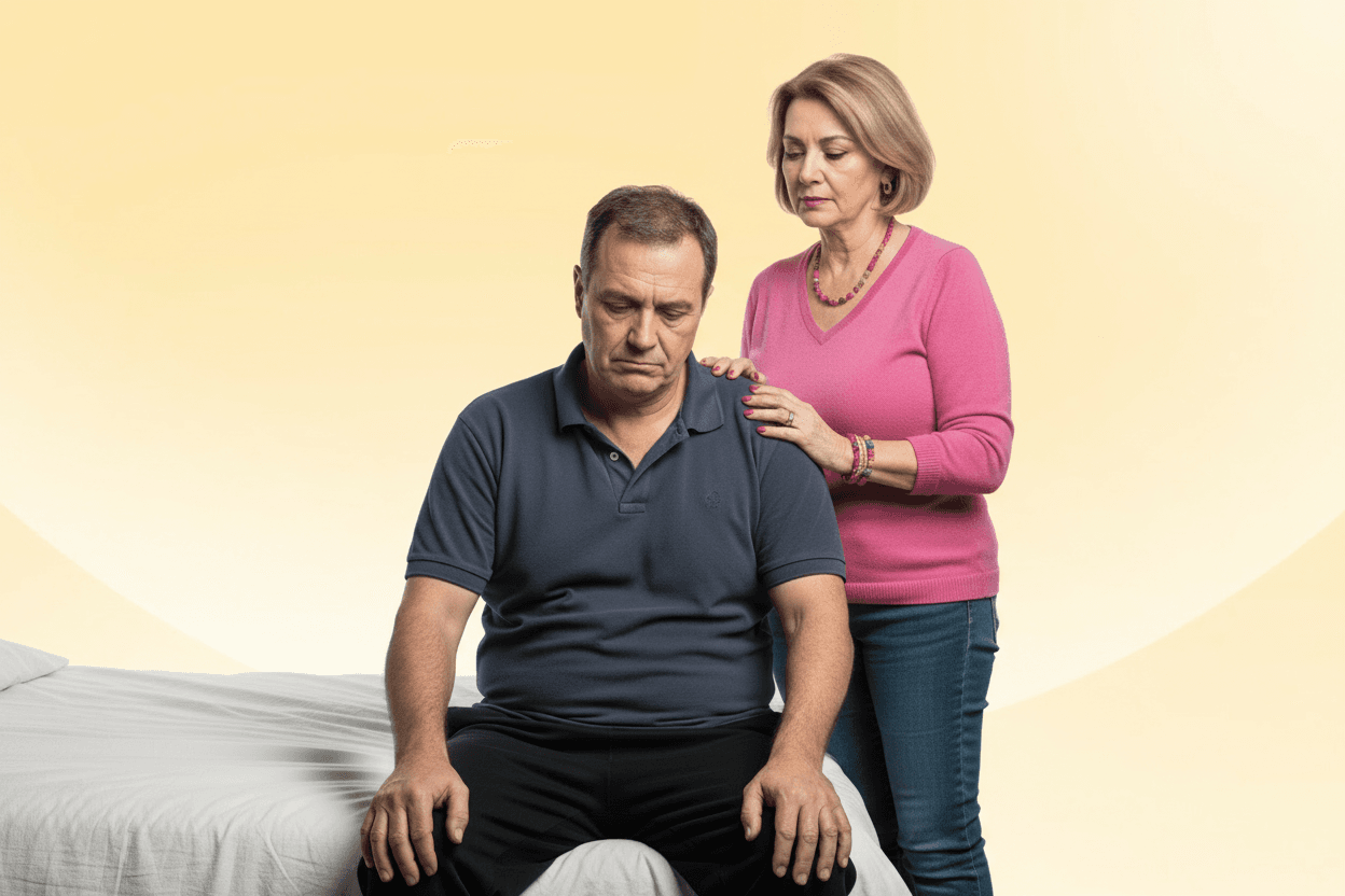A woman in a pink sweater comforts a man sitting on a bed, placing her hand on his shoulder against a soft yellow background.