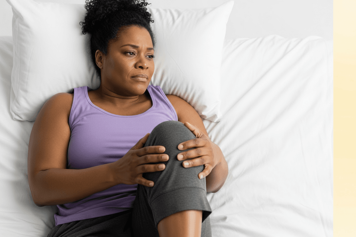 Woman lying on a bed in a purple tank top, looking pensive, holding her knee with both hands.