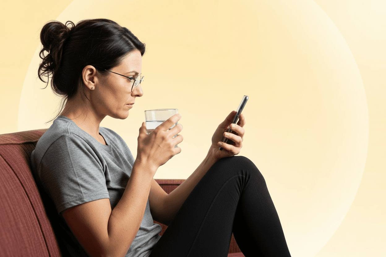 Woman in glasses sits on a sofa, holding a smartphone and a glass of water against a soft yellow background.
