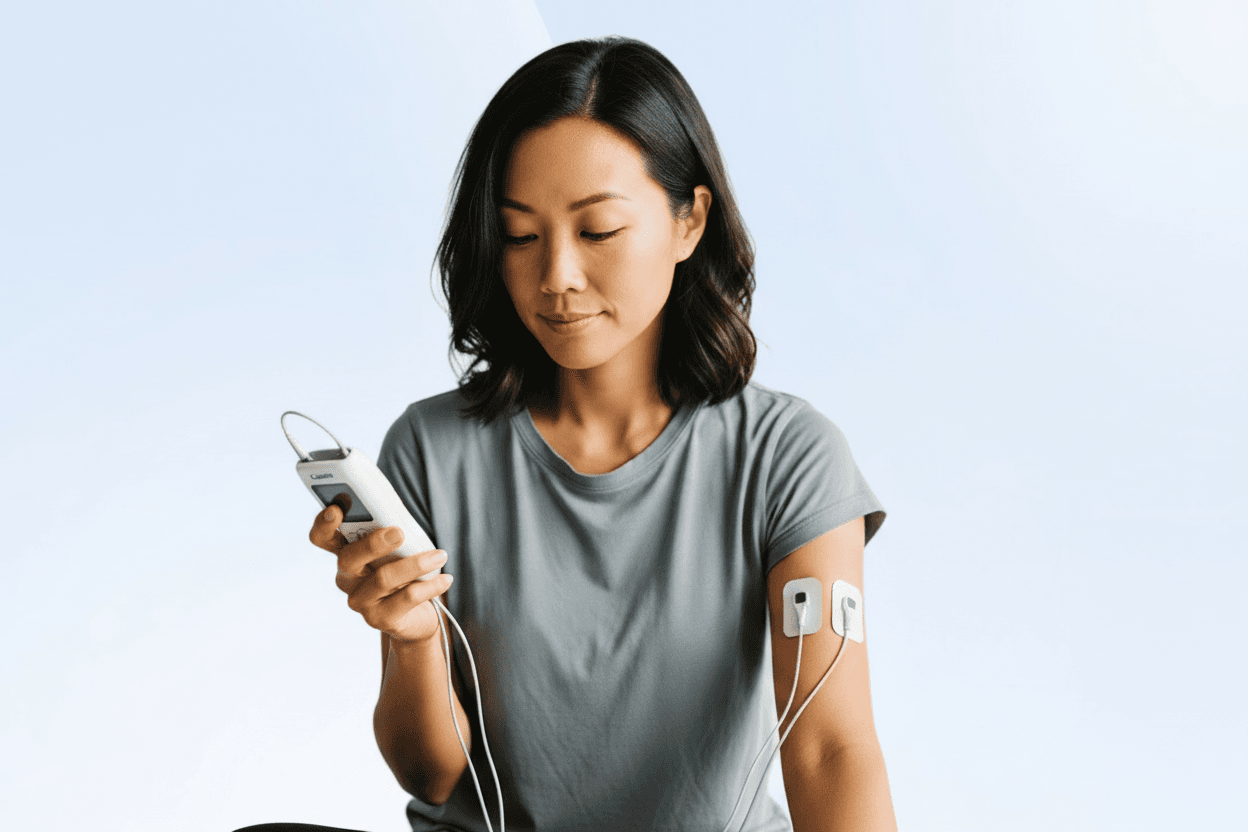 30 year old female holding a TENS unit with two electrode pads on her left upper arm