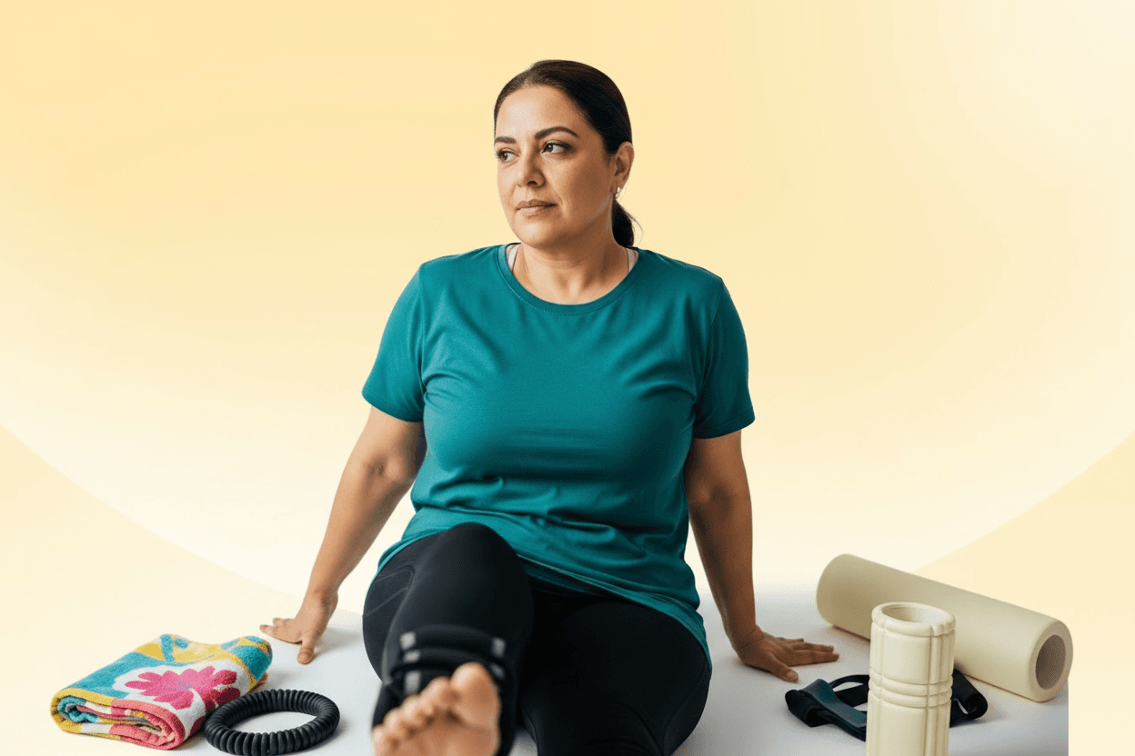 Middle-aged woman performing an ankle raise exercise with a foam roller and gym towel beside her