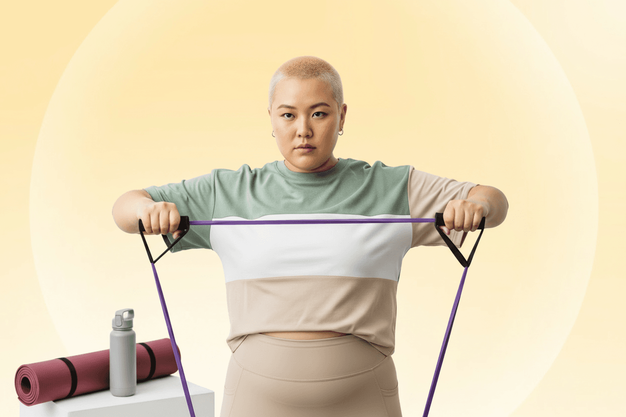 Blonde-haired female using a resistance band to stretch with a focused expression