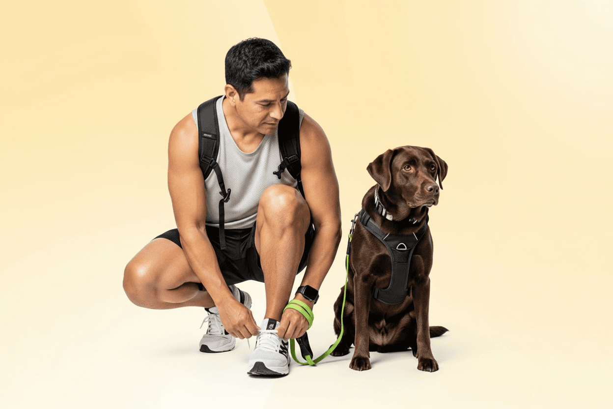 Man ties running shoes preparing for a jog while holding a leash for his brown labrador that sits beside him