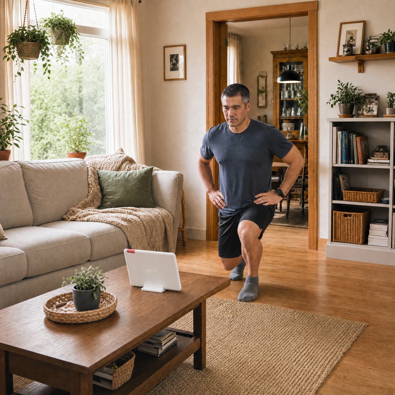 A man in workout clothes does lunges in a cozy living room, following a fitness program on a tablet placed on a wooden coffee table. The space features plants, bookshelves, and natural light from large windows.