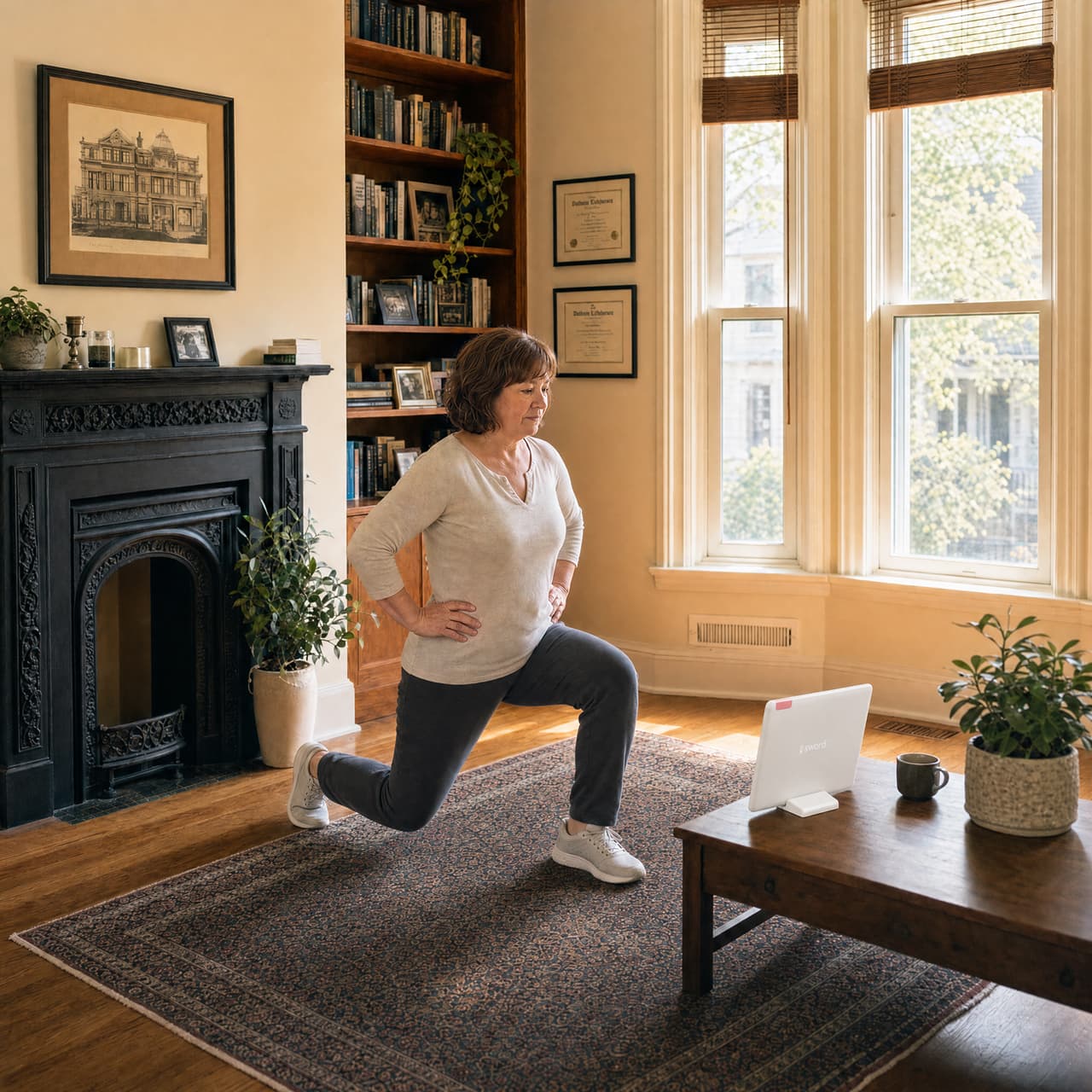 A woman does lunges while watching a workout video on a laptop in a cozy, sunlit living room with wooden floors, bookshelves, and houseplants.