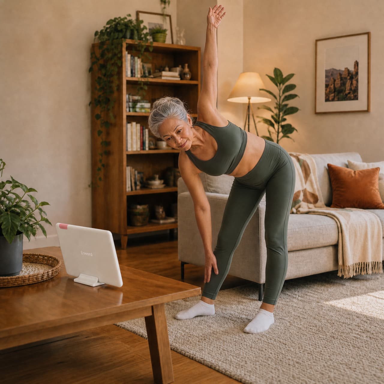 Older woman in workout clothes does a side stretch while following a fitness class on a tablet in a cozy living room with plants and warm lighting.