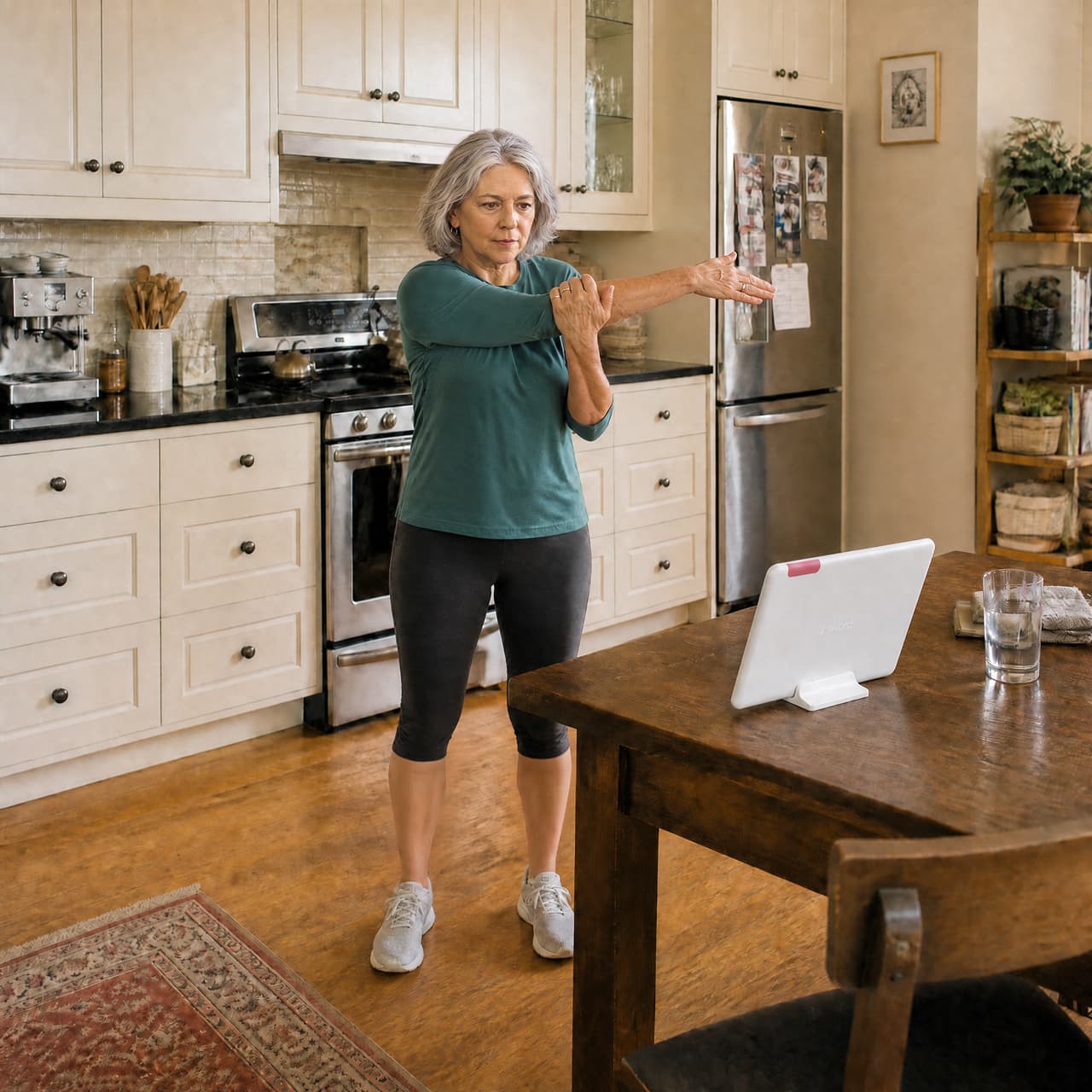 An older woman stretches her arm while following a workout on a tablet in her kitchen. She is wearing athletic clothes and standing on a hardwood floor near a table and stainless steel appliances.