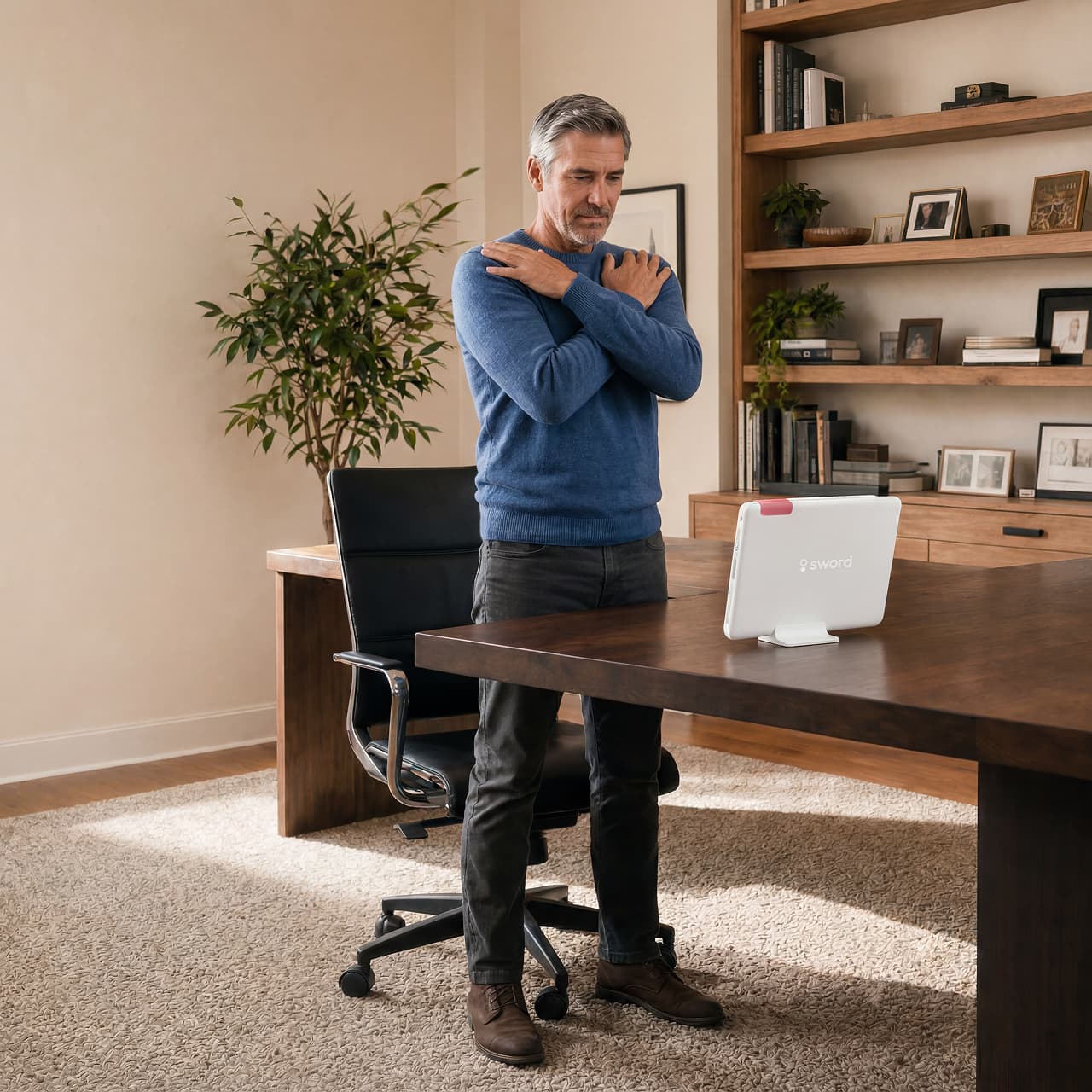 A man stands by a desk, arms crossed over his chest, facing a tablet in a home office. Shelves with books and plants are in the background.