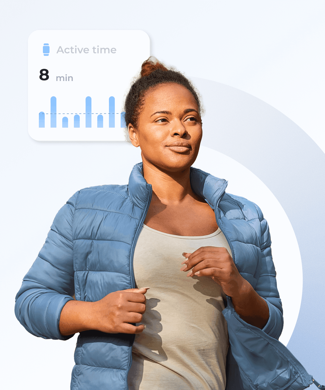Woman jogging in a blue jacket with a fitness tracker display showing 8 minutes of active time and a bar chart.