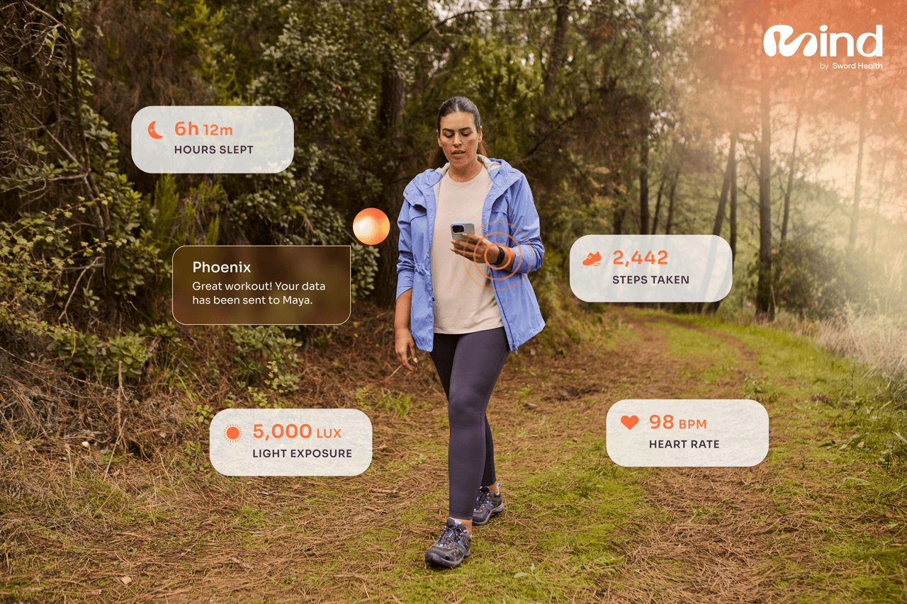 Woman walking on a forest trail, checking her phone. Overlay shows health data: sleep, steps, heart rate, and light exposure.