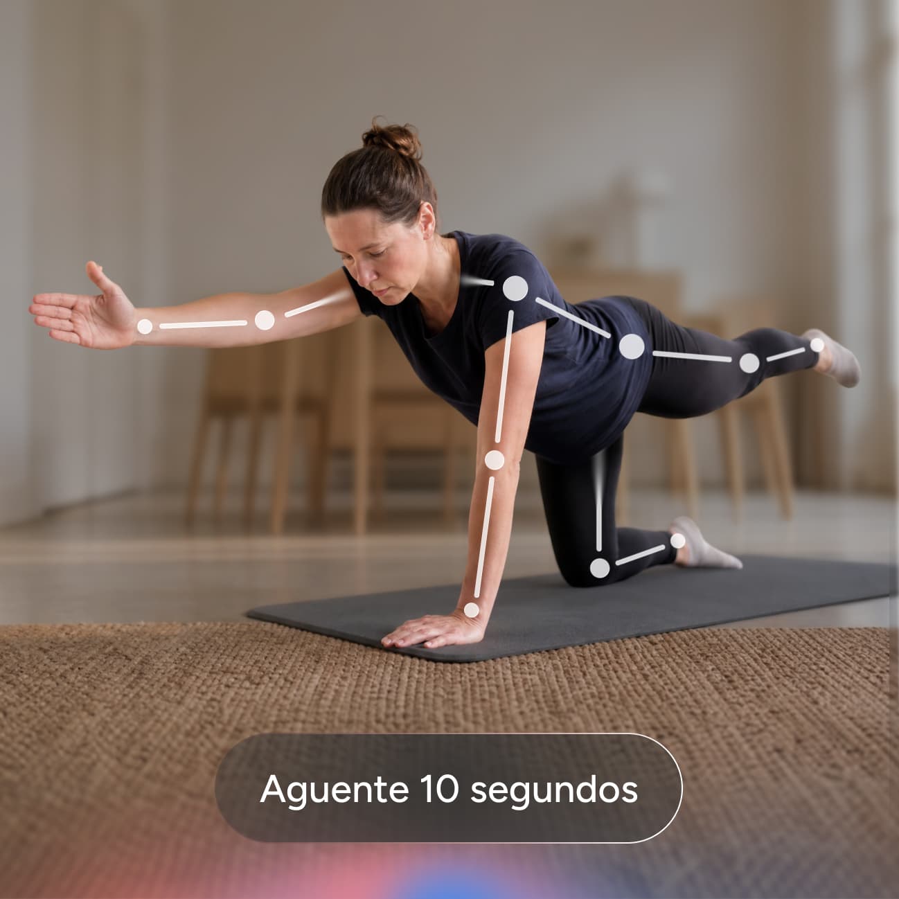A woman balances on a yoga mat, extending her right arm forward and left leg back. White lines highlight her posture. Text at the bottom reads, Aguente 10 segundos.