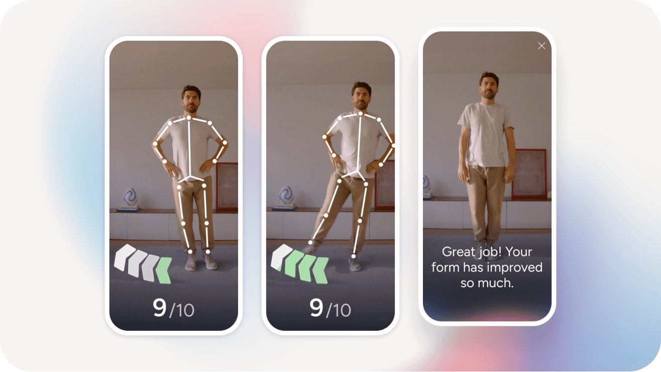 A man stands in a room performing an exercise. Three app screens show his pose progression, with white dots outlining his body. The last screen reads, Great job! Your form has improved so much. Each shows a 9/10 score.