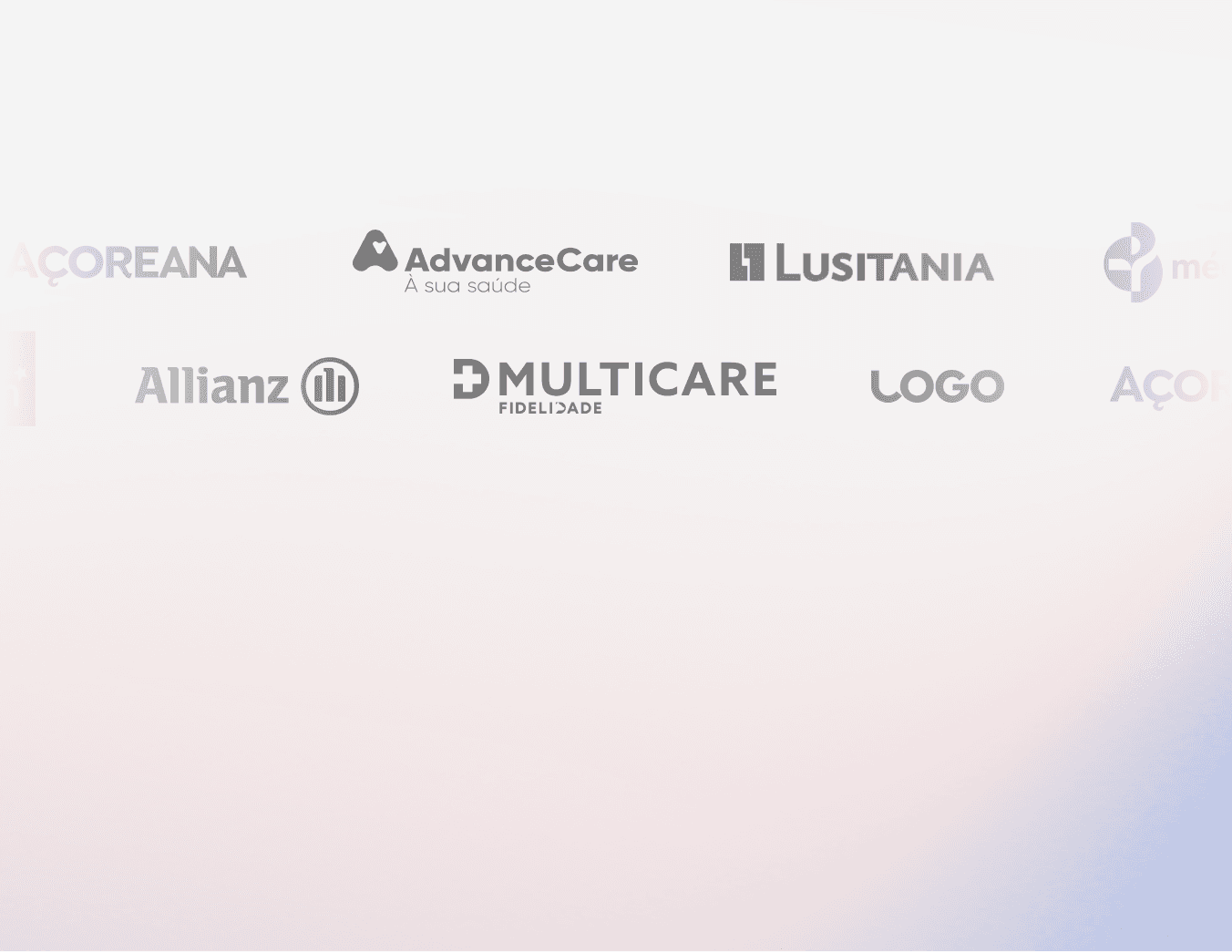 A row of health insurance company logos, including AdvanceCare, Lusitania, Allianz, Multicare, and others, displayed on a soft white gradient background.