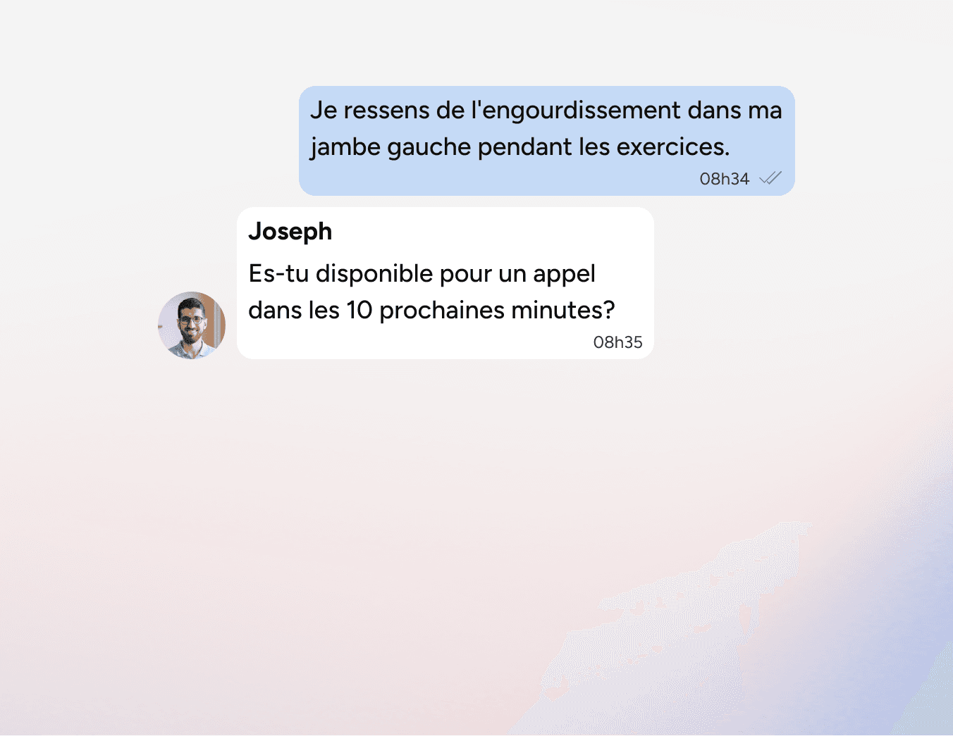 A chat screen shows a user reporting left leg numbness during exercise. Joseph replies, asking if theyre available for a call in the next 10 minutes.