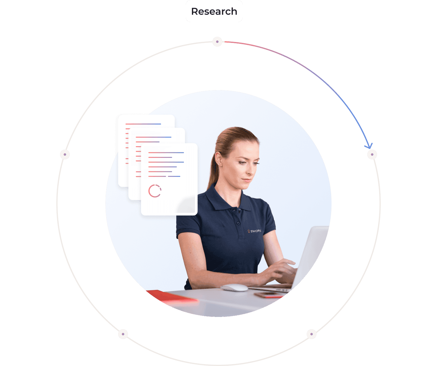 A woman in a navy polo shirt works on a laptop, surrounded by illustrated documents, representing the concept of research.