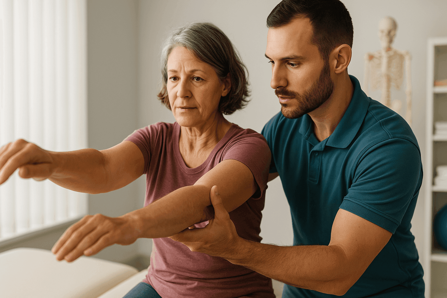 A therapist assists an older woman in a physical therapy session, guiding her arm movements in a well-lit room.