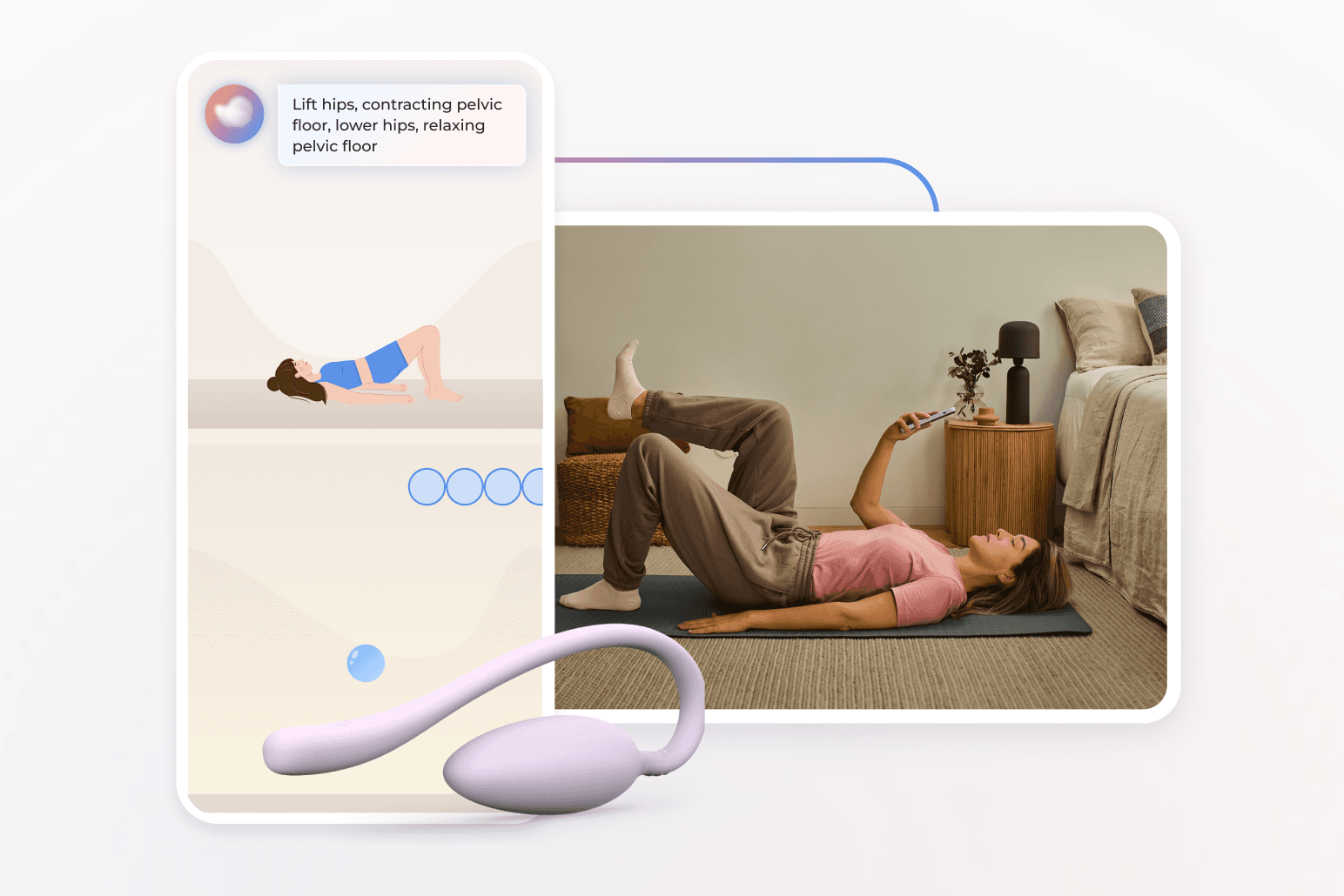 A woman on a yoga mat uses a smartphone, with an exercise instruction graphic and a pelvic floor exercise device nearby.