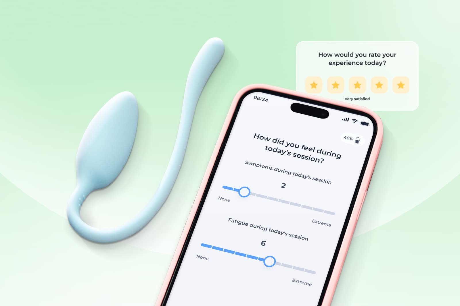 A smartphone displaying a health app with a rating survey, next to a light blue wearable device on a green background.