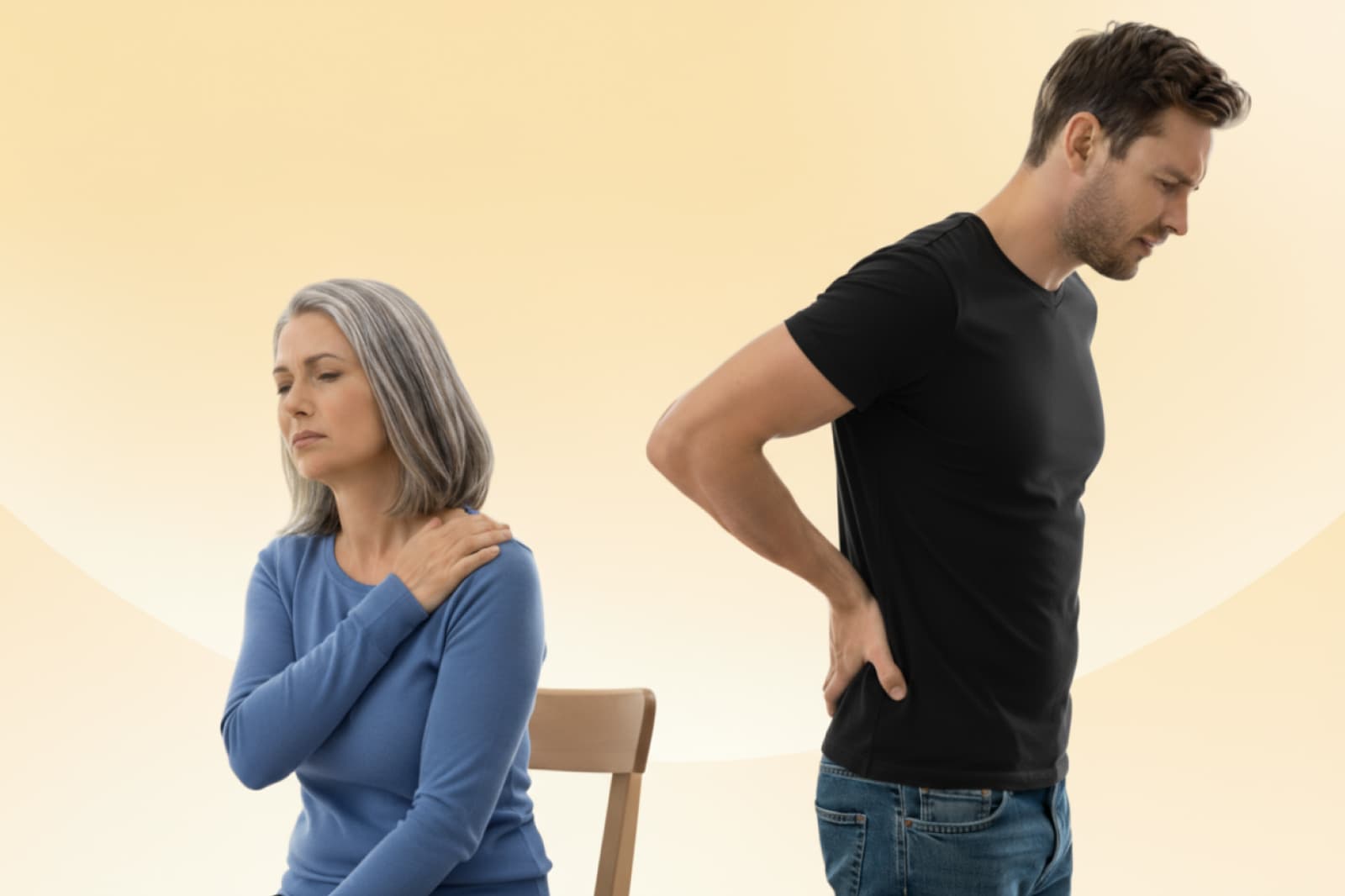 A woman sitting, holding her shoulder, and a man standing, holding his back, both appearing in discomfort against a soft yellow background.
