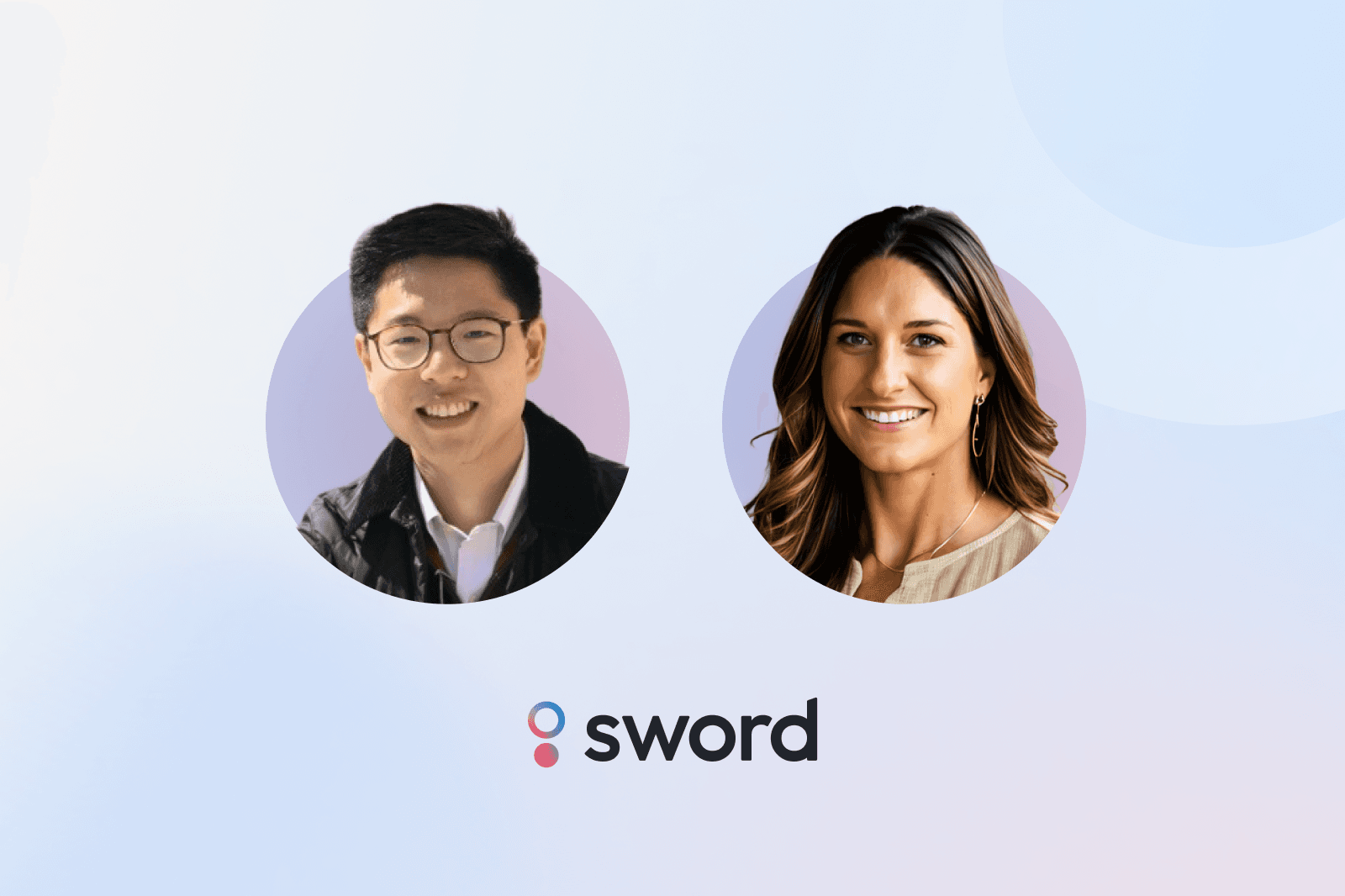 Two people, a man with glasses and a woman with long brown hair, are shown in circular portraits above the Sword Health logo on a light gradient background.