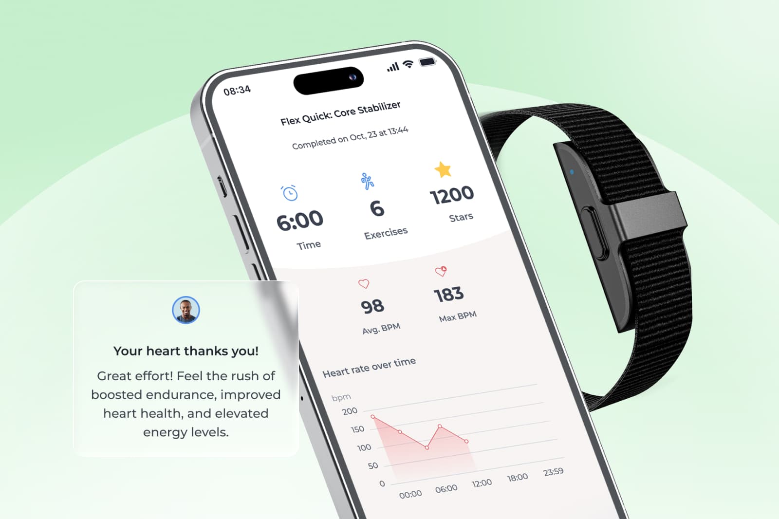 Smartphone displaying a fitness app with workout stats and a heart rate graph, next to a black fitness tracker on a light green background.