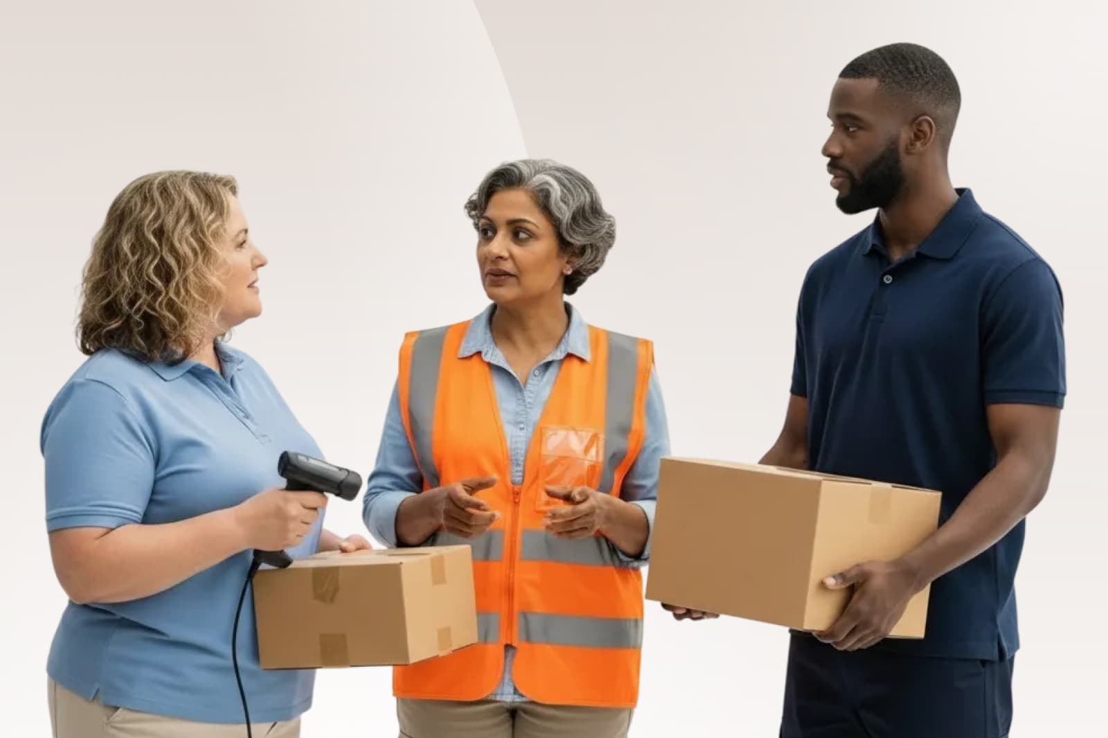 Three people standing, discussing. Two hold packages; one has a barcode scanner, and another wears an orange safety vest. Neutral background.