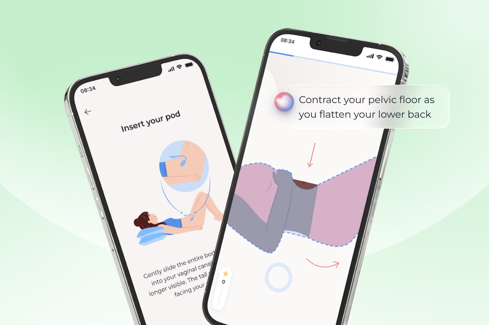 Two smartphones displaying an app with pelvic floor exercise instructions, featuring illustrations and text guidance on a light green background.