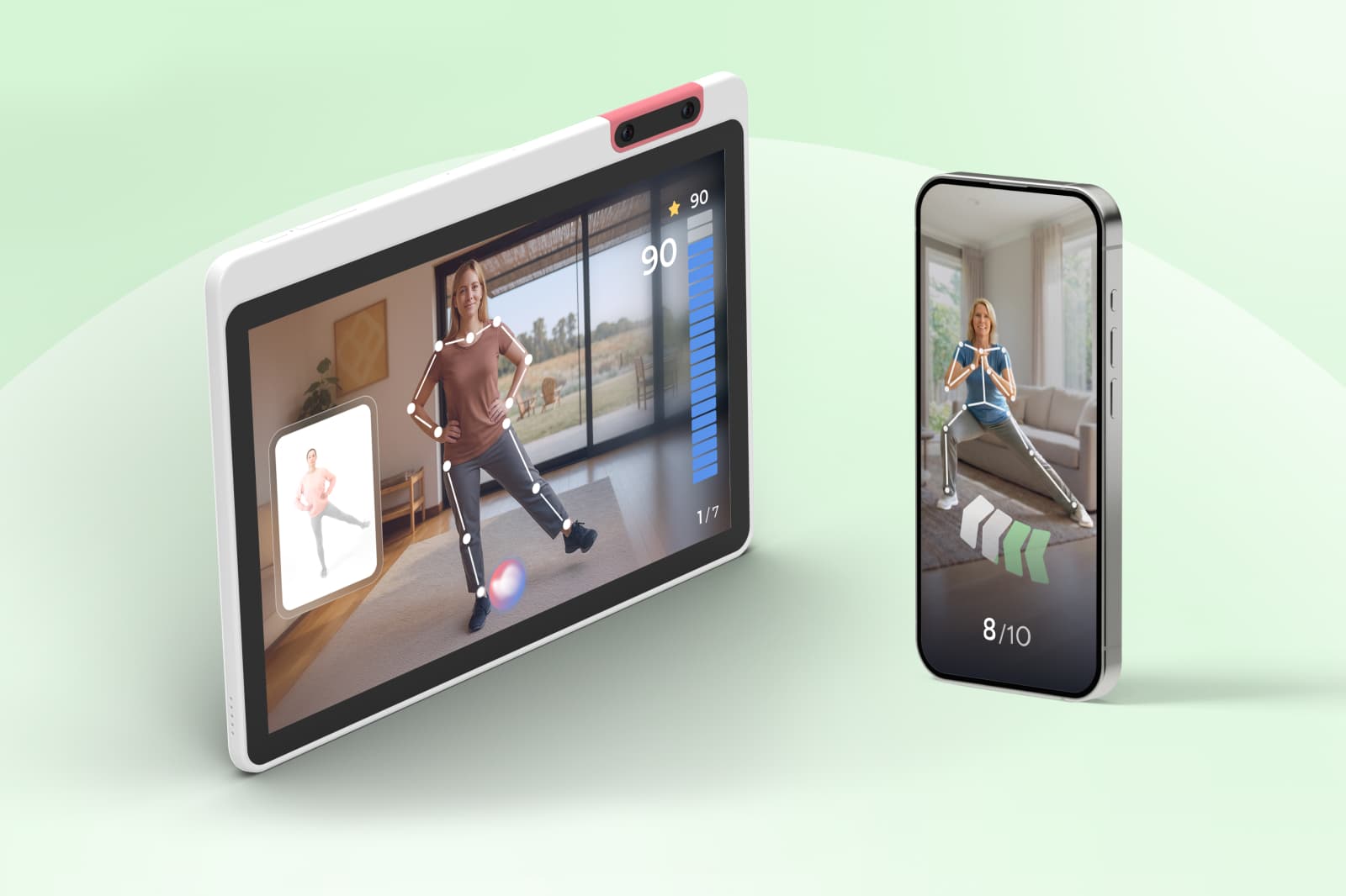 A tablet and a smartphone display a woman doing a fitness exercise. The tablet shows her standing and raising her knee, with on-screen graphics tracking her movement, while the phone shows her performing a similar exercise sitting on a couch.