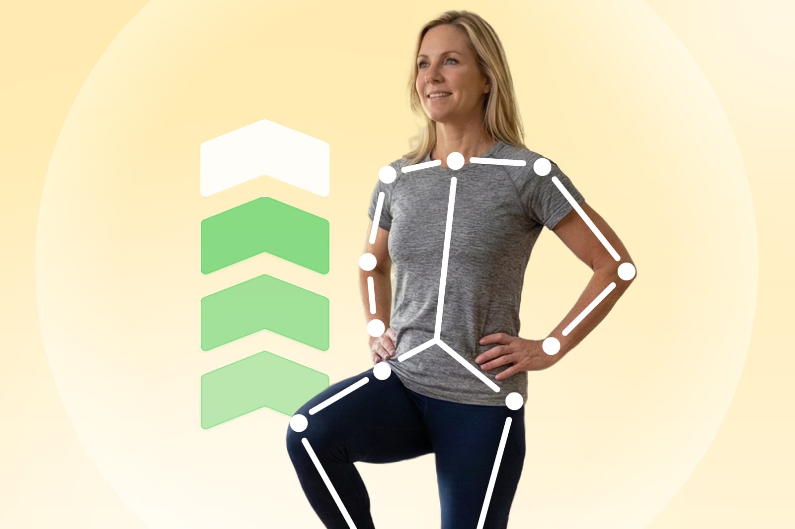 Smiling woman poses in athletic wear with digital skeletal overlay and green arrows, symbolizing fitness or movement tracking.