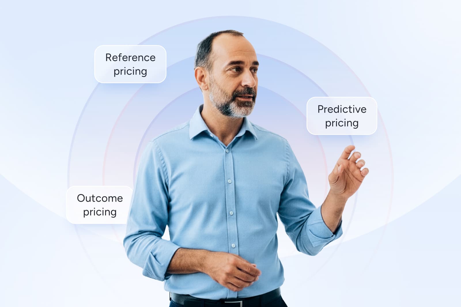 Man in a blue shirt pointing at floating labels: "Reference pricing," "Predictive pricing," and "Outcome pricing" against a gradient background.