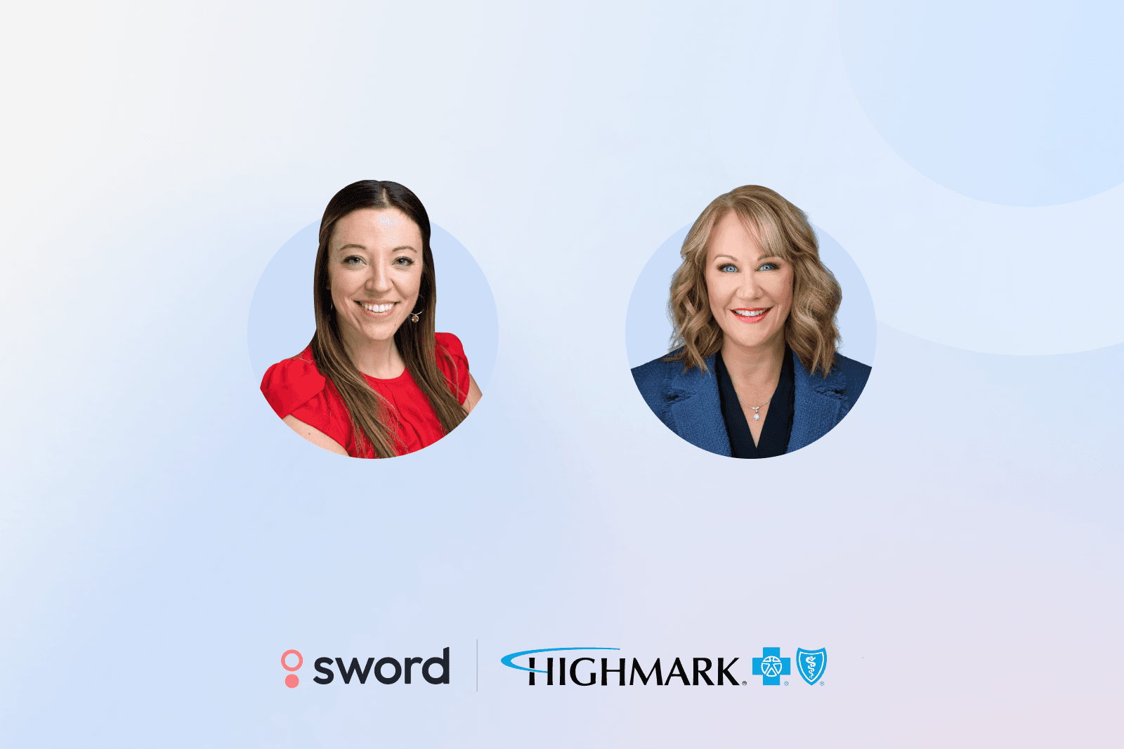 Two women smiling, one in a red top and the other in a dark blazer, with logos of Sword and Highmark Blue Cross Blue Shield below them.