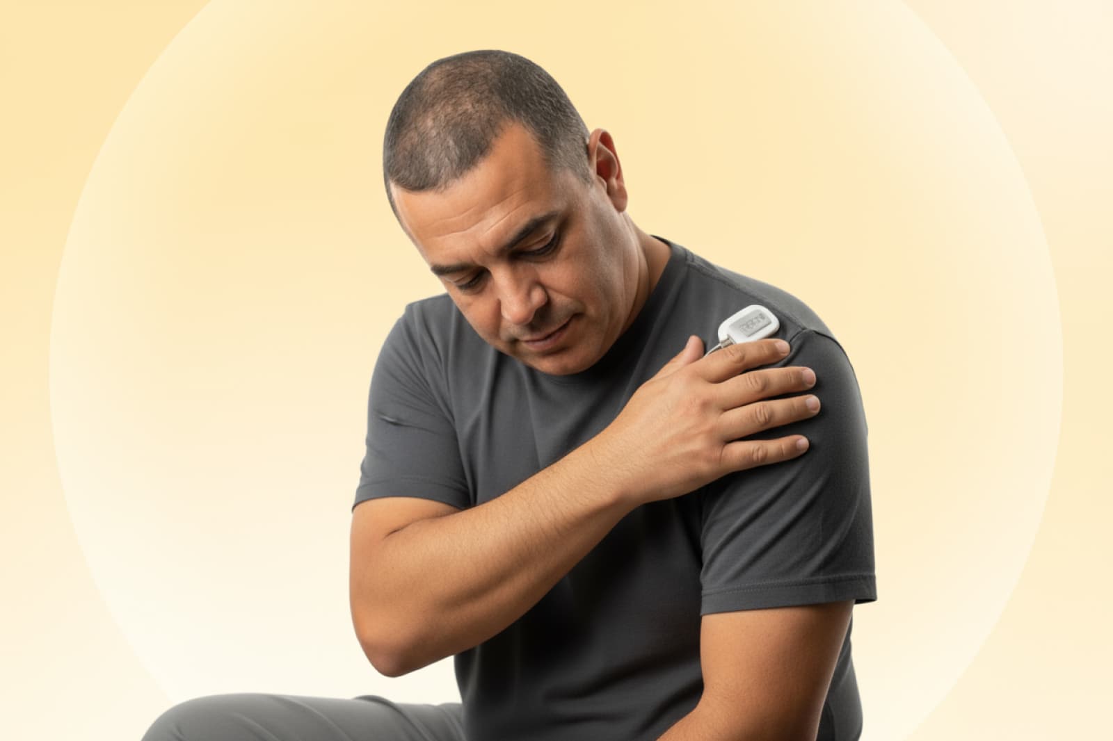 Man in a gray shirt holding his shoulder with a wearable device, looking down, against a soft yellow background.