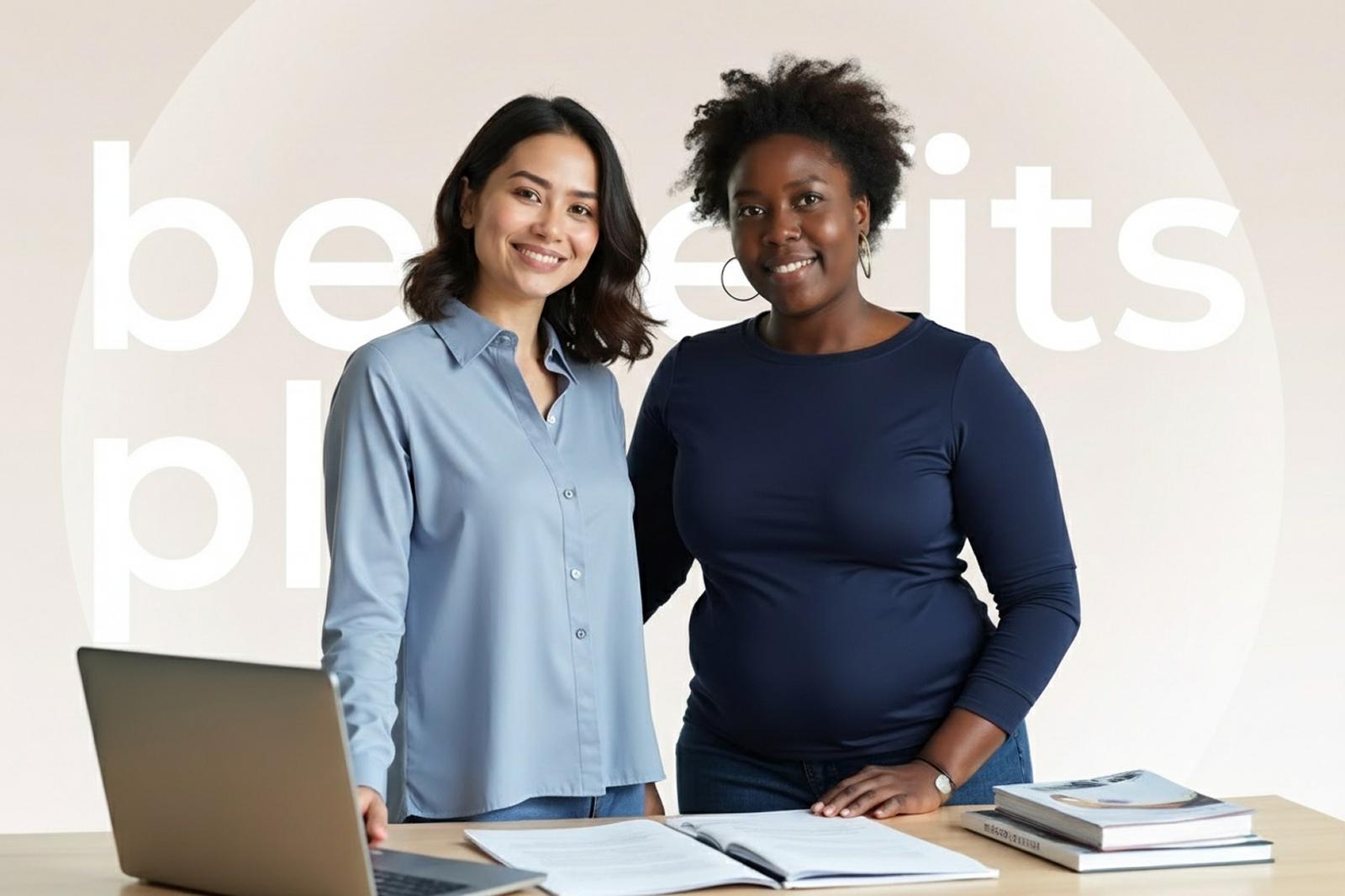 Two women smiling at a desk with a laptop and books, standing against a backdrop with partial text "benefits plan."