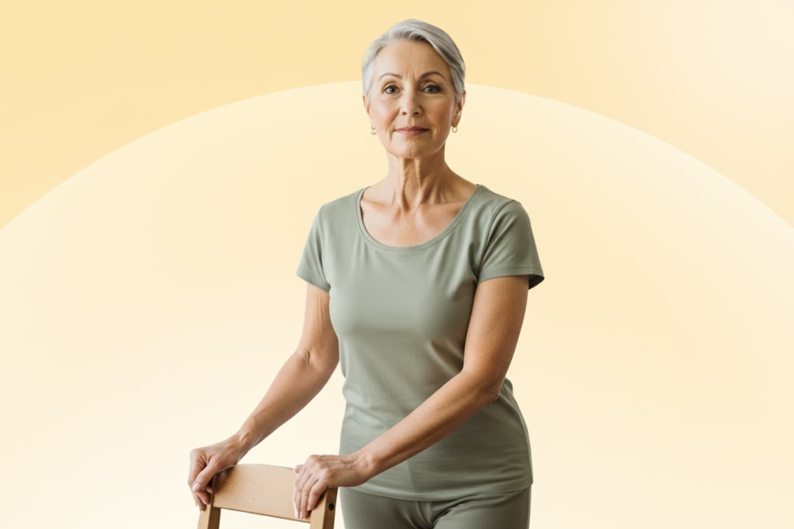 Une femme plus âgée aux cheveux gris courts, vêtue d'une tenue vert clair, se tient debout en tenant une chaise en bois devant un fond jaune doux.