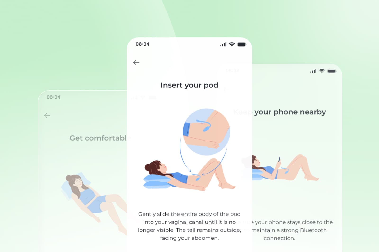 Illustration of a woman inserting a device while lying down, with instructional text and diagrams on a phone screen.