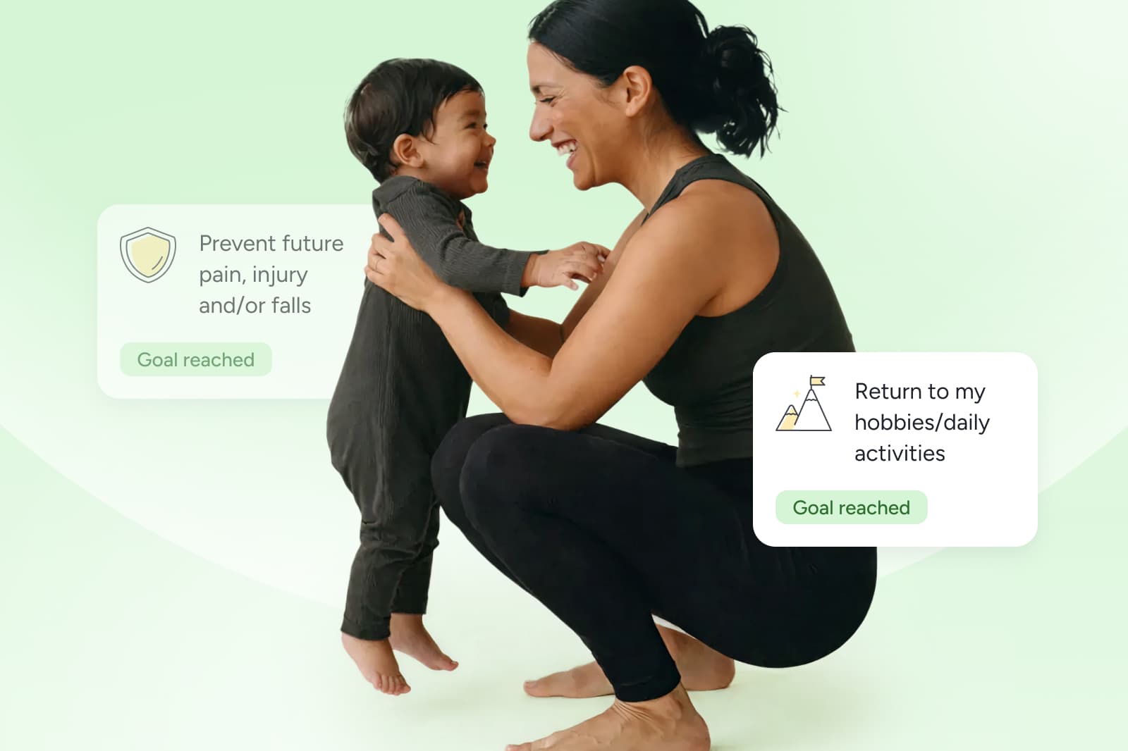 Smiling woman squats to embrace a happy child. Text shows goals: preventing pain, injury, falls, and returning to hobbies.