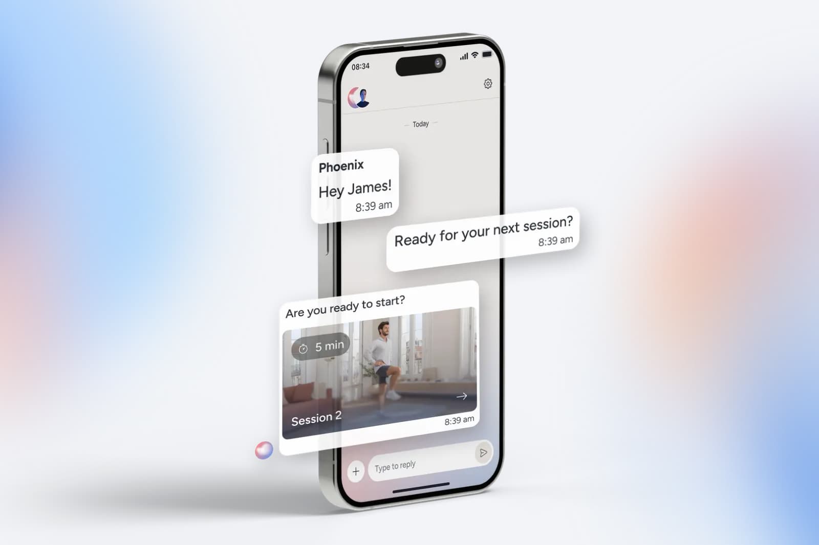 Smartphone displaying a fitness app interface with messages and a video preview of a workout session, including text prompts like "Ready to start?"