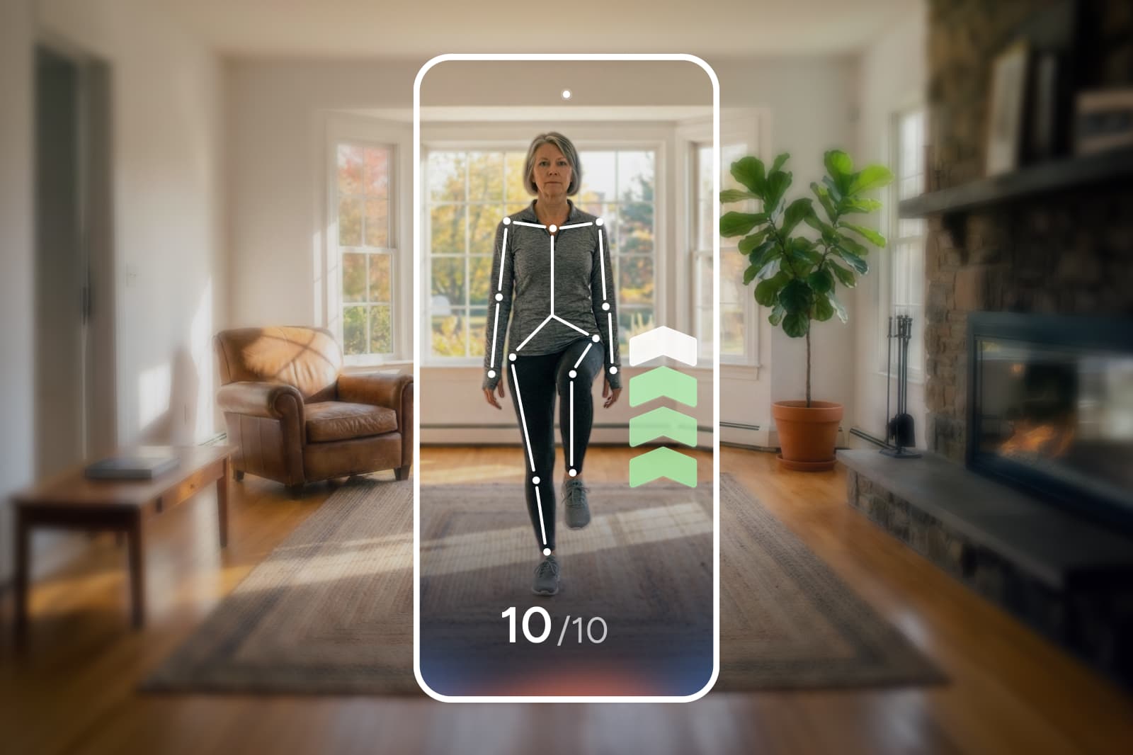 A person exercises at home, tracked by a fitness app on a smartphone displaying posture and score, with a cozy living room in the background.