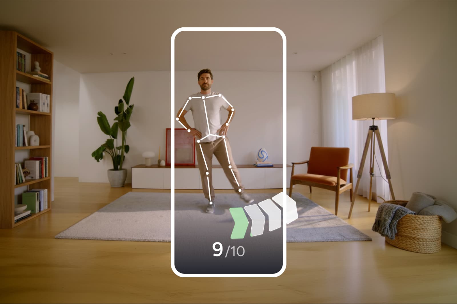 A person poses in a modern living room with furniture and plants; an overlay shows an exercise app interface with a 9/10 score.