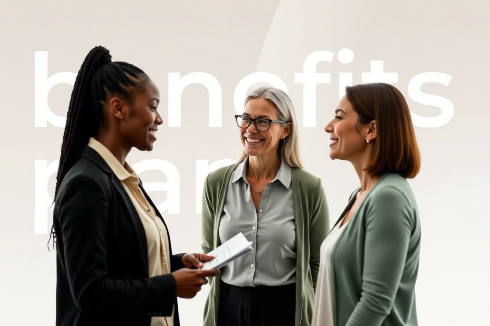 Three women in business attire discuss documents, smiling in front of a backdrop with the words "benefits plan."