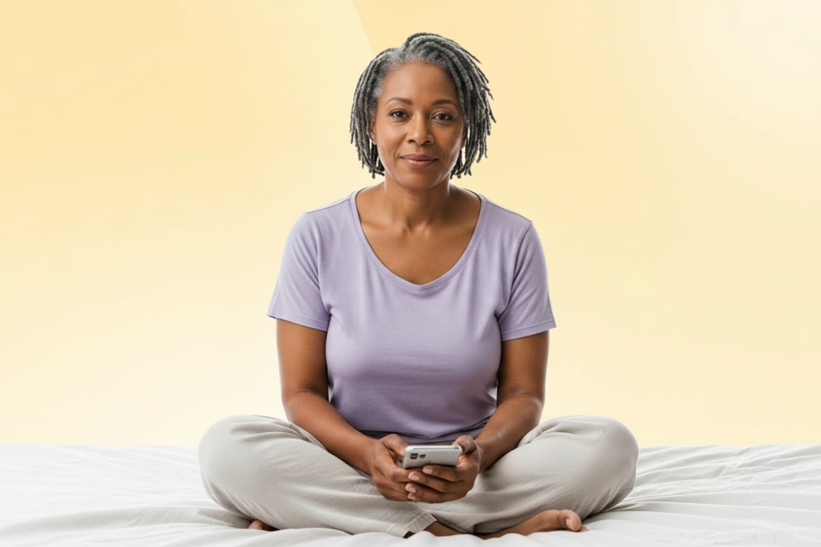 Woman with gray dreadlocks sitting cross-legged on bed, holding smartphone, wearing lavender top and light pants against beige background