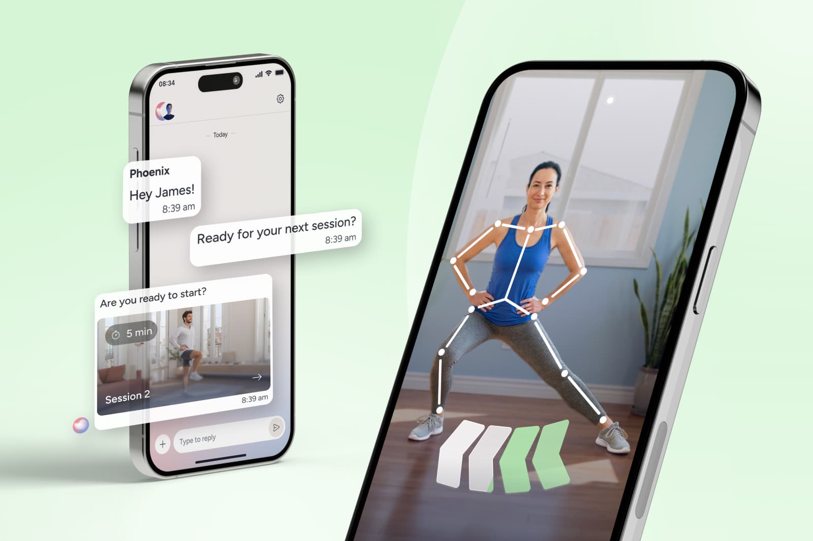 Smartphone apps showing a virtual workout session with a woman exercising and chat messages for scheduling fitness sessions.