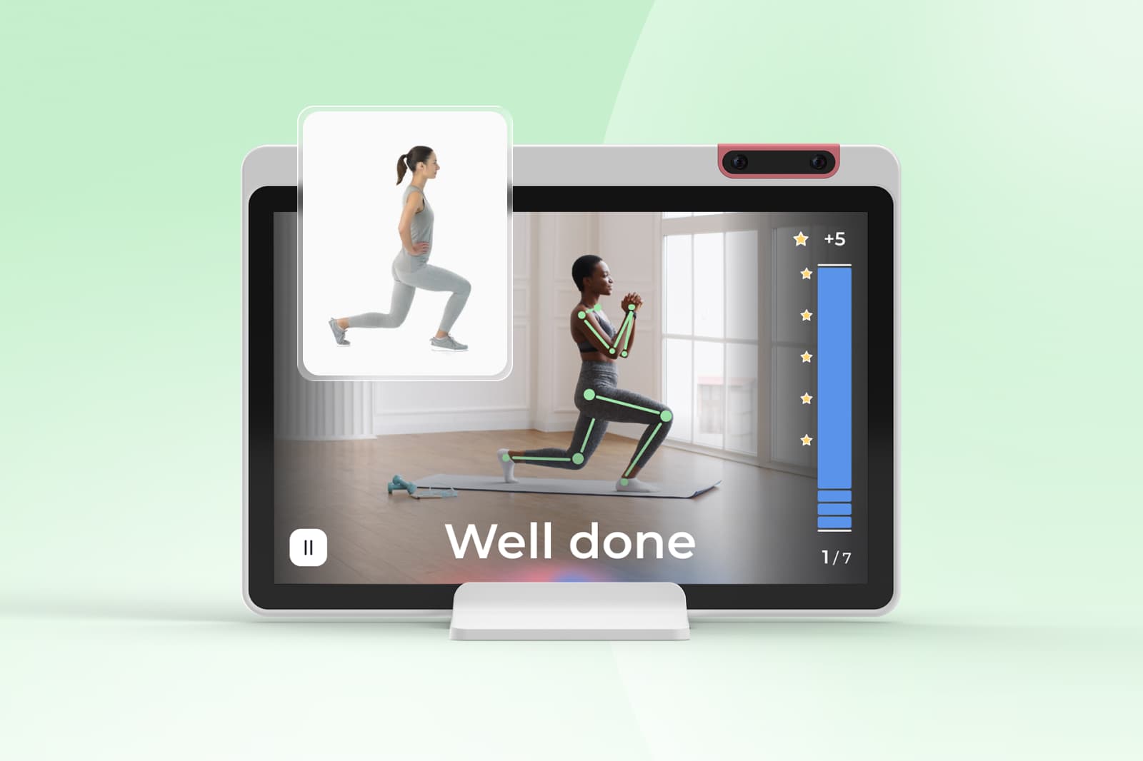 A fitness app on a screen shows a person doing lunges with a virtual trainer. The display reads "Well done" with progress indicators.