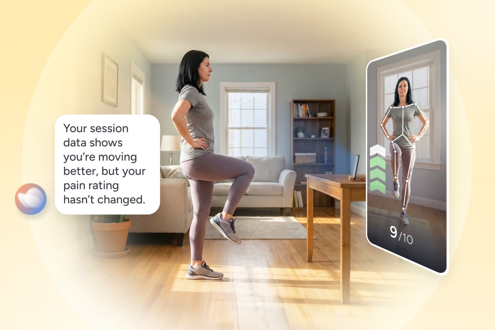 A woman exercises at home, mirroring her movements with a digital screen showing a pain rating of 9/10 and a message about unchanged pain levels.